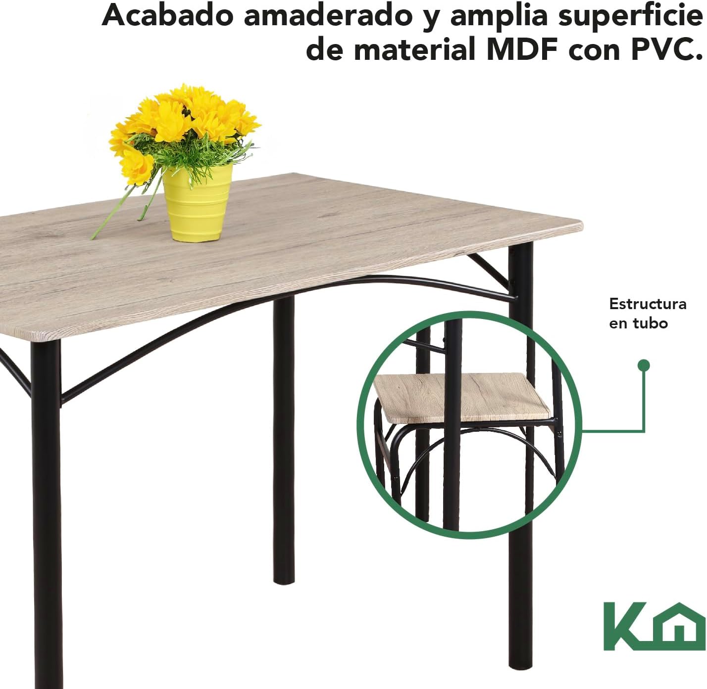 Kingshouse | Comedor 4 Sillas con Mesa – Madera MDF Estructura Metálica - Negro – Moderno Minimalista - para 4 Personas