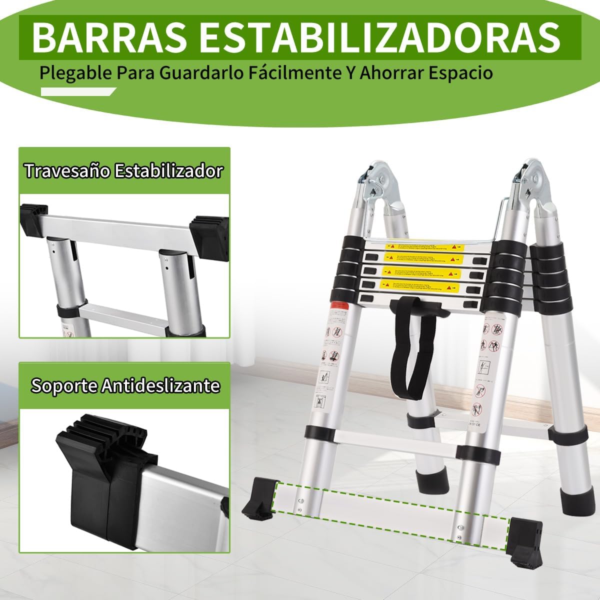 Bowoshen Escalera Telescópica de 5 Metros con Ganchos Escalera Recta de Aluminio Soporta 150 kg Plegable De Retracción Multiusos Extensible Compacta y Portátil Bloqueo De Escalón