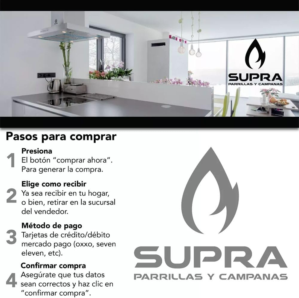 SUPRA Combo empotrable Udine, Parrilla a gas de 5 quemadores para empotrar de 87 cm Mod. 5Q-ES-87, Campana extractora de cristal curvo templado tipo pared para 90 cm Mod. CC-90-AC