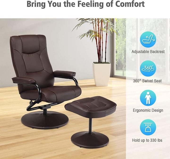 WATERJOY - Sillón reclinable Giratorio de Piel sintética, sillón reclinable de 360 Grados Giratorio, Acolchado con reposapiés, Taburete otomano para Oficina, Sala de Estar, Color Negro