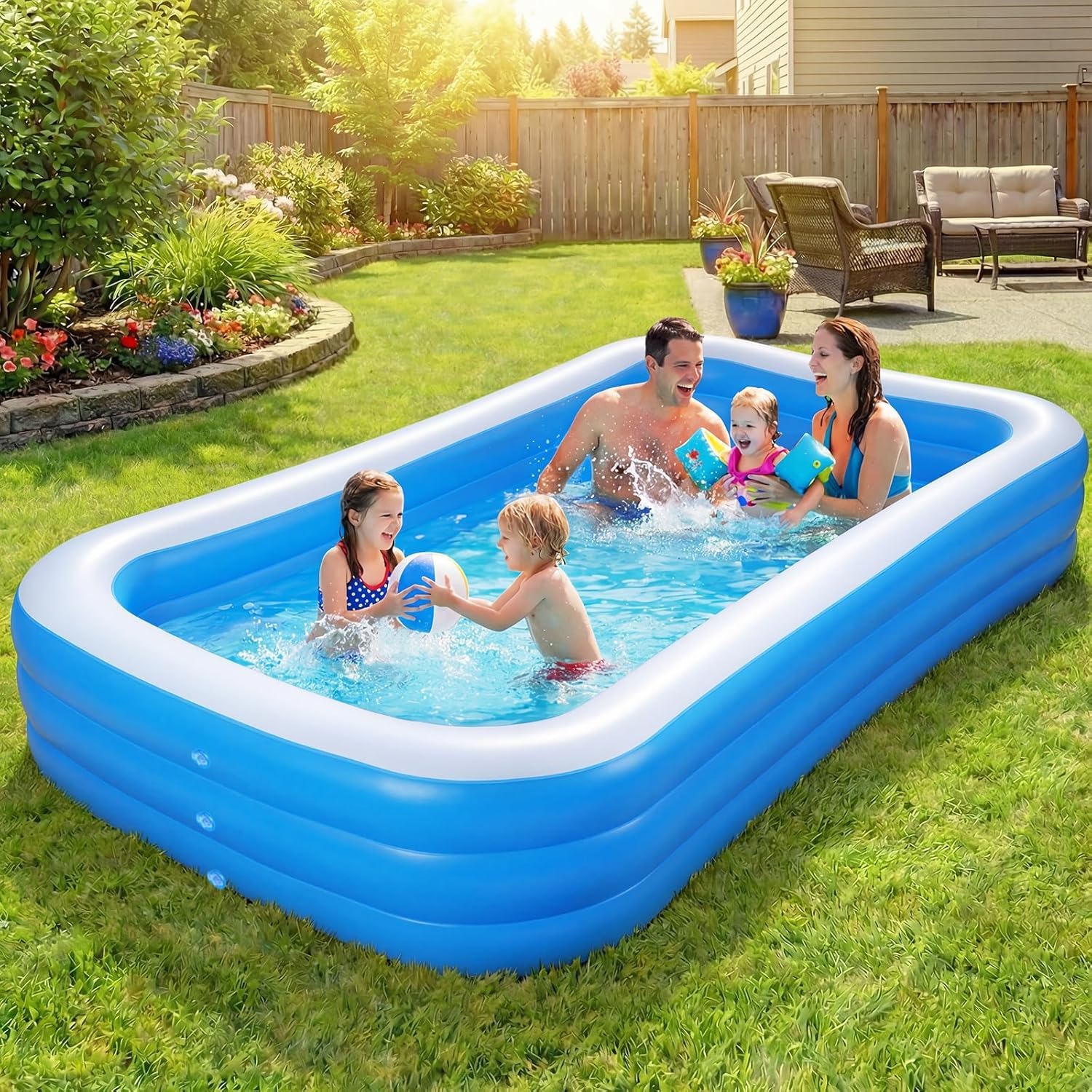 POVOLE Alberca Inflable para Niños y Adultos, 180x140x50cm Piscina Engrosada, Piscina Familiar para Bebés, al Aire Libre, Jardín, Patio Trasero, Fiesta de Agua de Verano