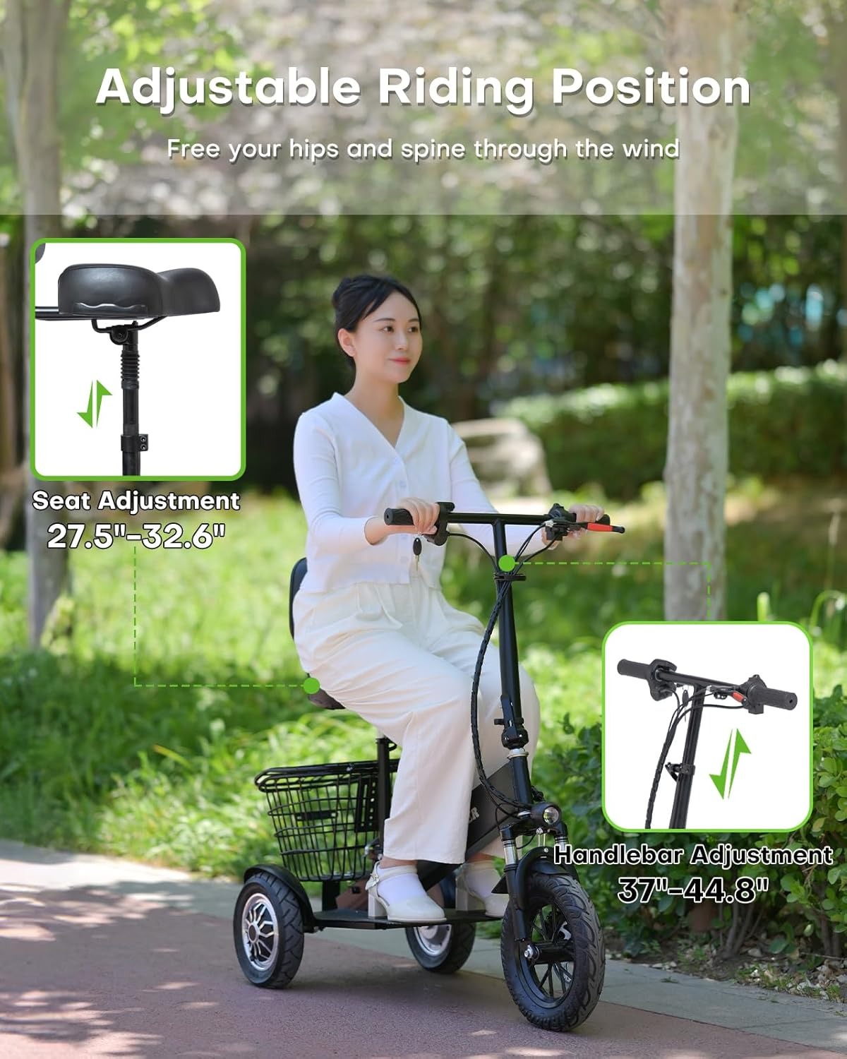 Patinete eléctrico de 3 ruedas para adultos, scooter de movilidad de 3 ruedas para adultos, carga de 350 libras, largo alcance, con cargador y cesta, cabe en baúles de coche para paseos diarios