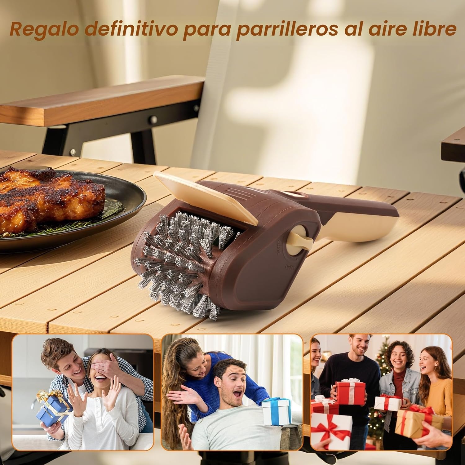 Cepillo eléctrico para parrillas de exterior, limpiador eléctrico inalámbrico para parrillas, cepillo de acero inoxidable recargable para limpieza de parrillas, raspador para parrillas, accesorios para barbacoa (marrón)