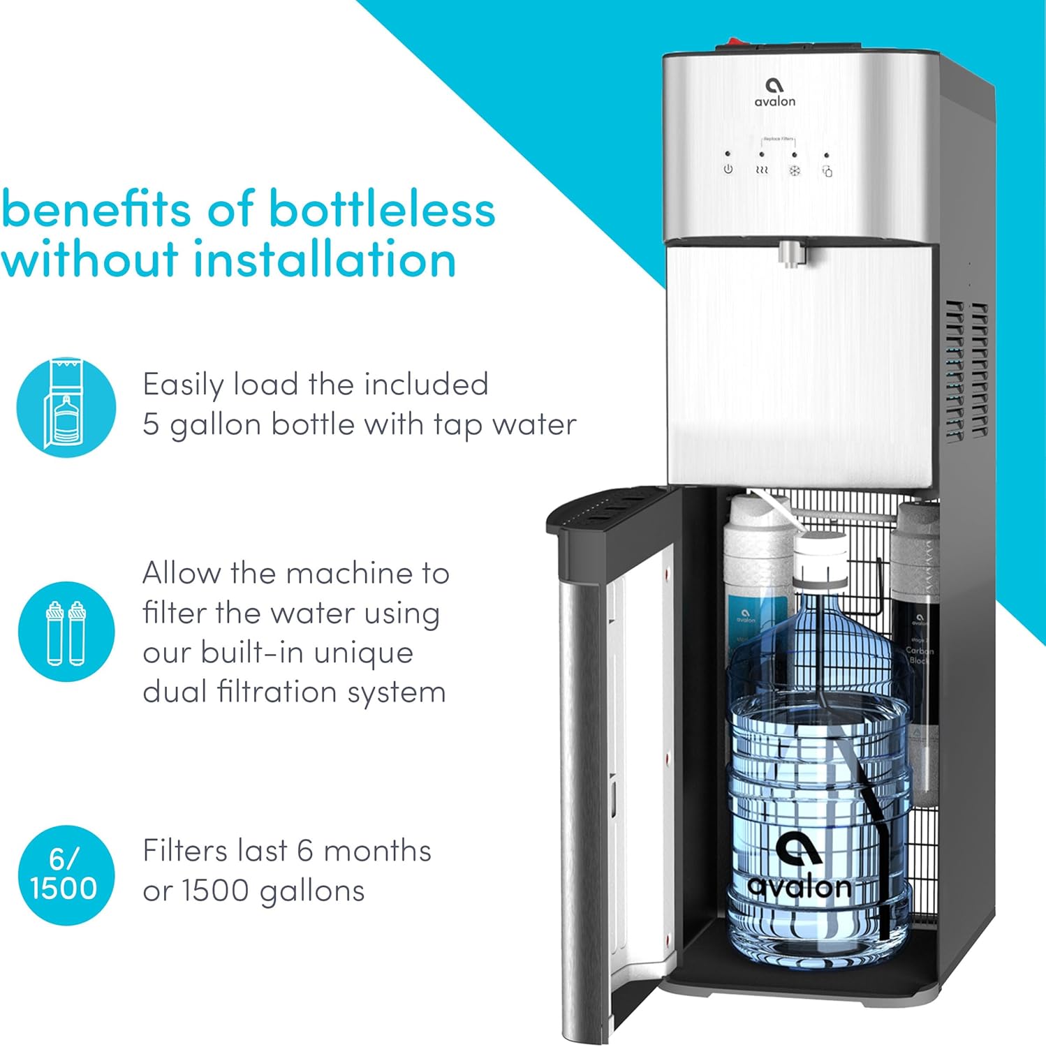 Avalon - Dispensador de Enfriador de Agua de Carga Inferior A3F con ajustes de Temperatura BioGuard-3, filtrado por UL