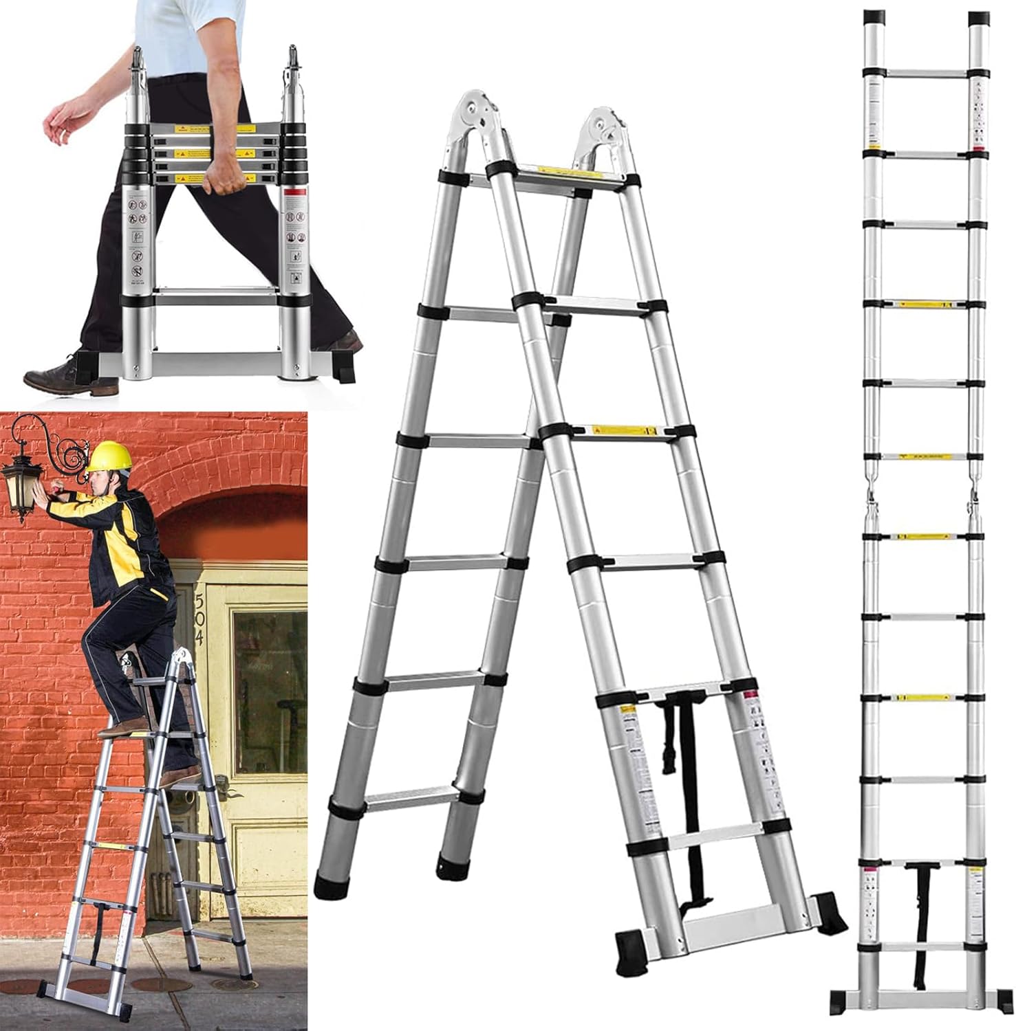 Bowoshen Escalera Telescópica de 5 Metros con Ganchos Escalera Recta de Aluminio Soporta 150 kg Plegable De Retracción Multiusos Extensible Compacta y Portátil Bloqueo De Escalón