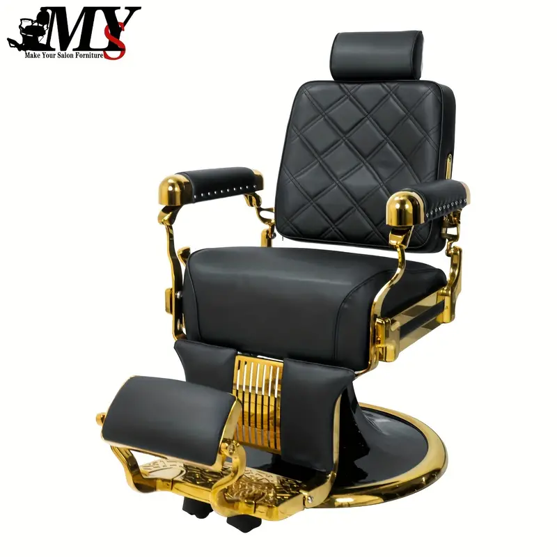 Silla de barbero de servicio pesado dorada moderna MYS 8817 Marco de aluminio, silla de peluquería reclinable hidráulica, giratoria de 360 grados para equipos de salón de belleza, spa de masajes y tatuajes.