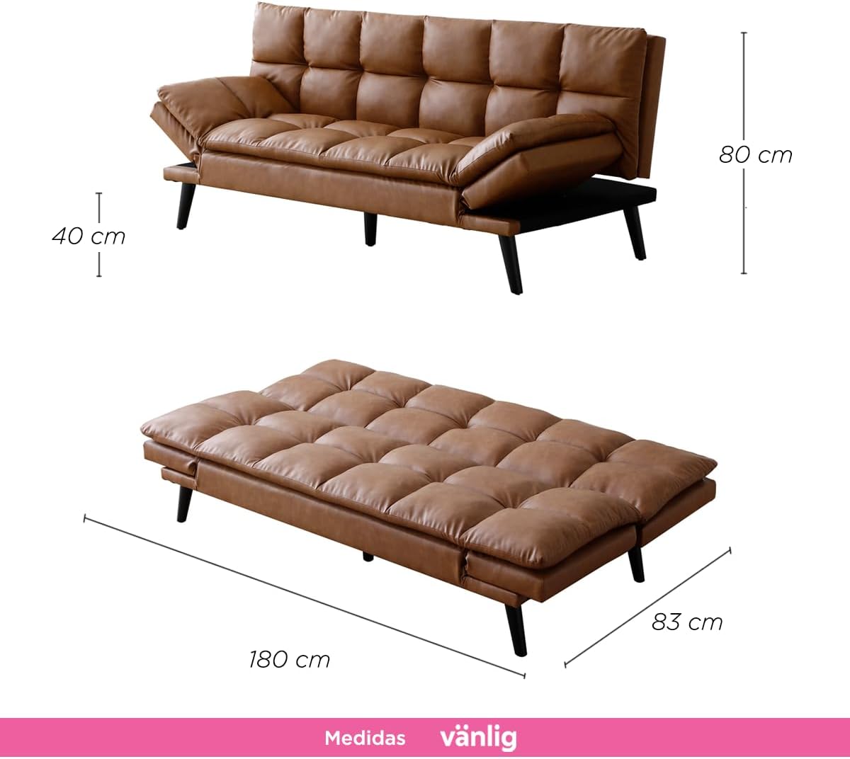 VANLIG | Sofá Cama Moderno de Vinipiel | Acolchado Futón Munich | Multiusos Ajustable | para Espacios Pequeños | Alta Calidad Resistente y Duradero | Color Café