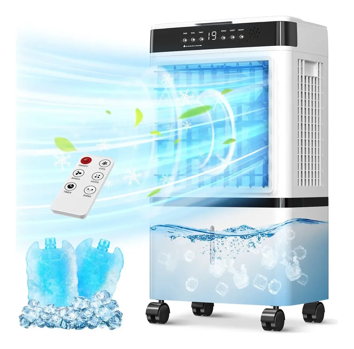 Enfriador de Aire 3 en 1 Portátil, 70W, 3 Velocidades, Control Remoto, 14L, Diseño de Doble Ventilación y Salidas en Espiral, Potente y Eficiente, Ideal para Uso Interior y Exterior
