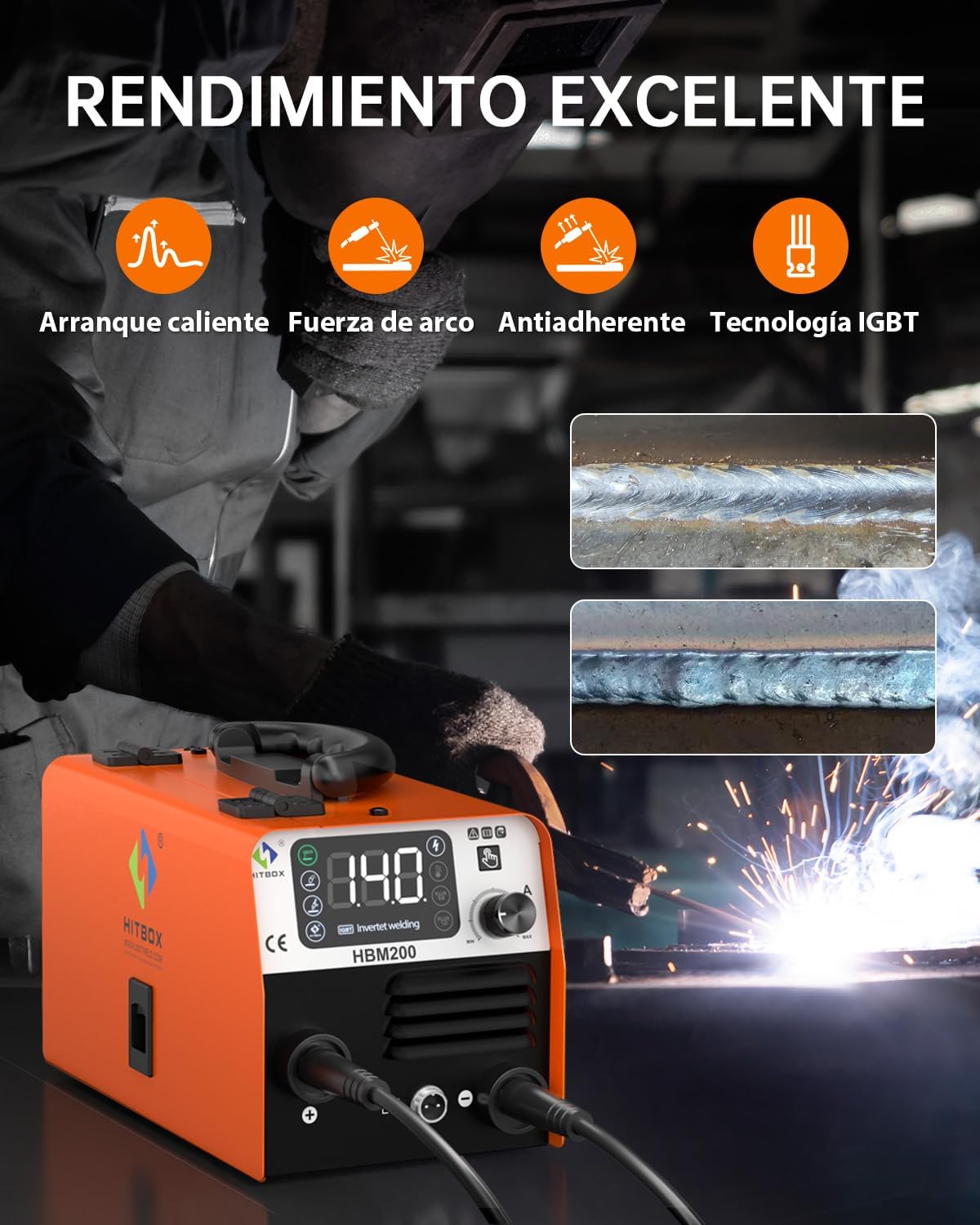HITBOX Soldadora Inversora Microalambre, 140A sin Gas/Stick/Lift TIG 3 en 1 Inversor para Soldar, 110V Maquina de Soldar Portatil, Máquina de Soldar Soldadora MIG Planta de Soldar(HBM200)