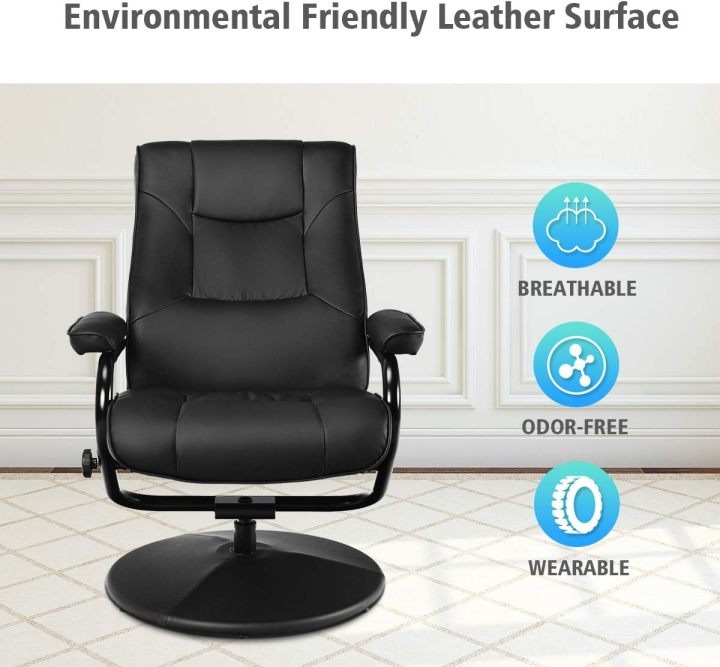 WATERJOY - Sillón reclinable Giratorio de Piel sintética, sillón reclinable de 360 Grados Giratorio, Acolchado con reposapiés, Taburete otomano para Oficina, Sala de Estar, Color Negro