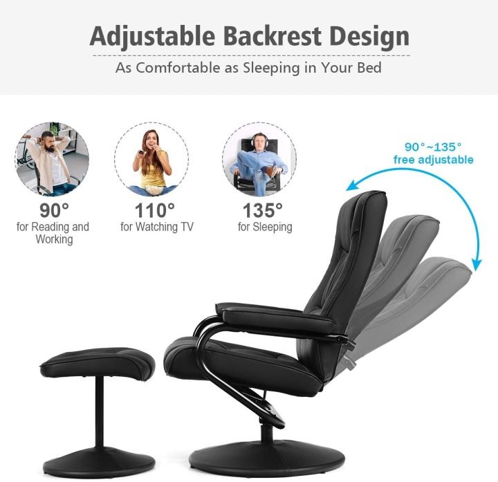 WATERJOY - Sillón reclinable Giratorio de Piel sintética, sillón reclinable de 360 Grados Giratorio, Acolchado con reposapiés, Taburete otomano para Oficina, Sala de Estar, Color Negro