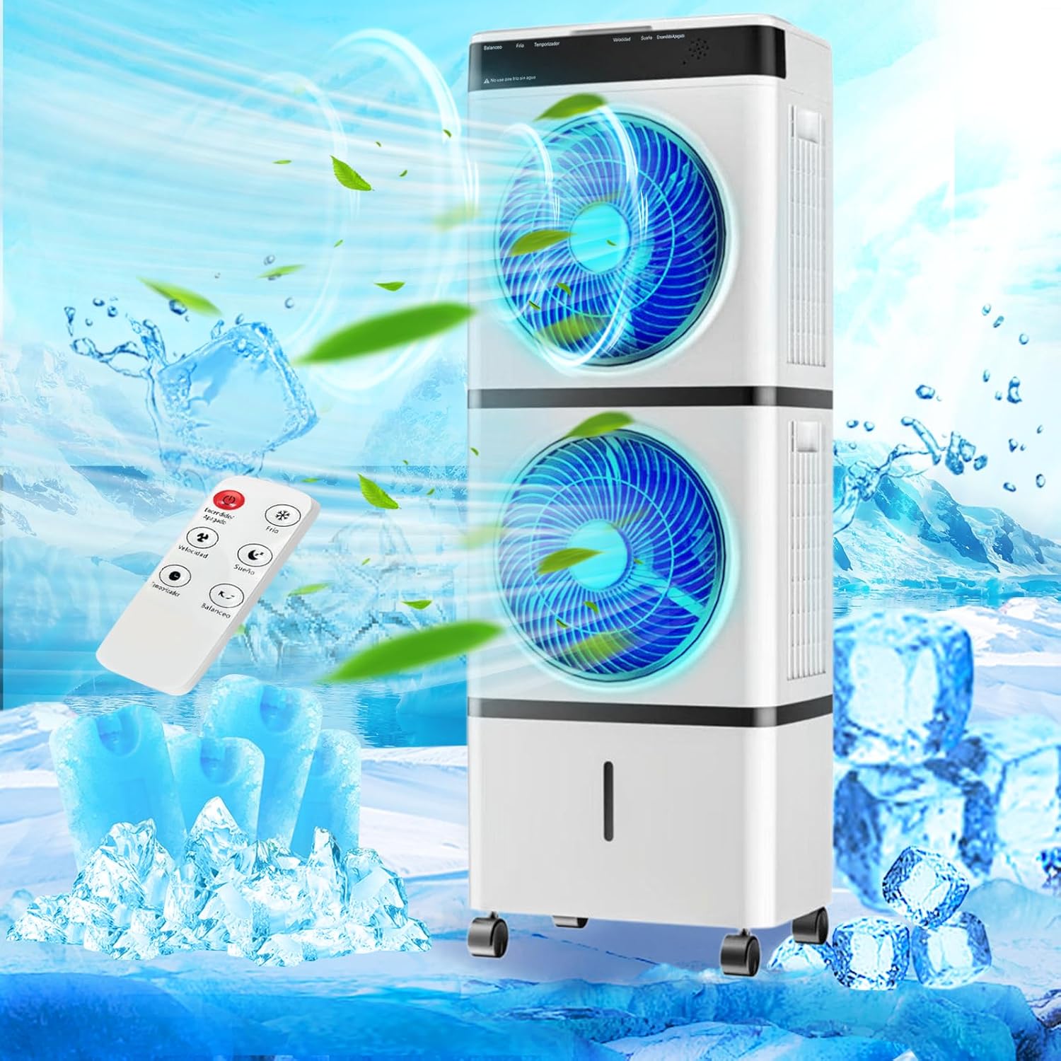 Enfriador de Aire 3 en 1 Portátil, 70W, 3 Velocidades, Control Remoto, 14L, Diseño de Doble Ventilación y Salidas en Espiral, Potente y Eficiente, Ideal para Uso Interior y Exterior