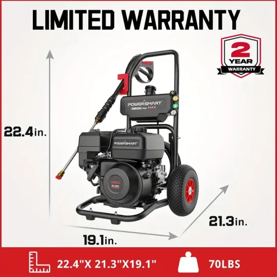 Hidrolavadora a Gas PowerSmart, 3200 PSI 2.5 GPM Bomba de leva axial, Tanque de jabón a bordo de 208 cc, 5 boquillas QC Manguera de 25 pies, Pistola pulverizadora y varilla para limpiar autos/casas