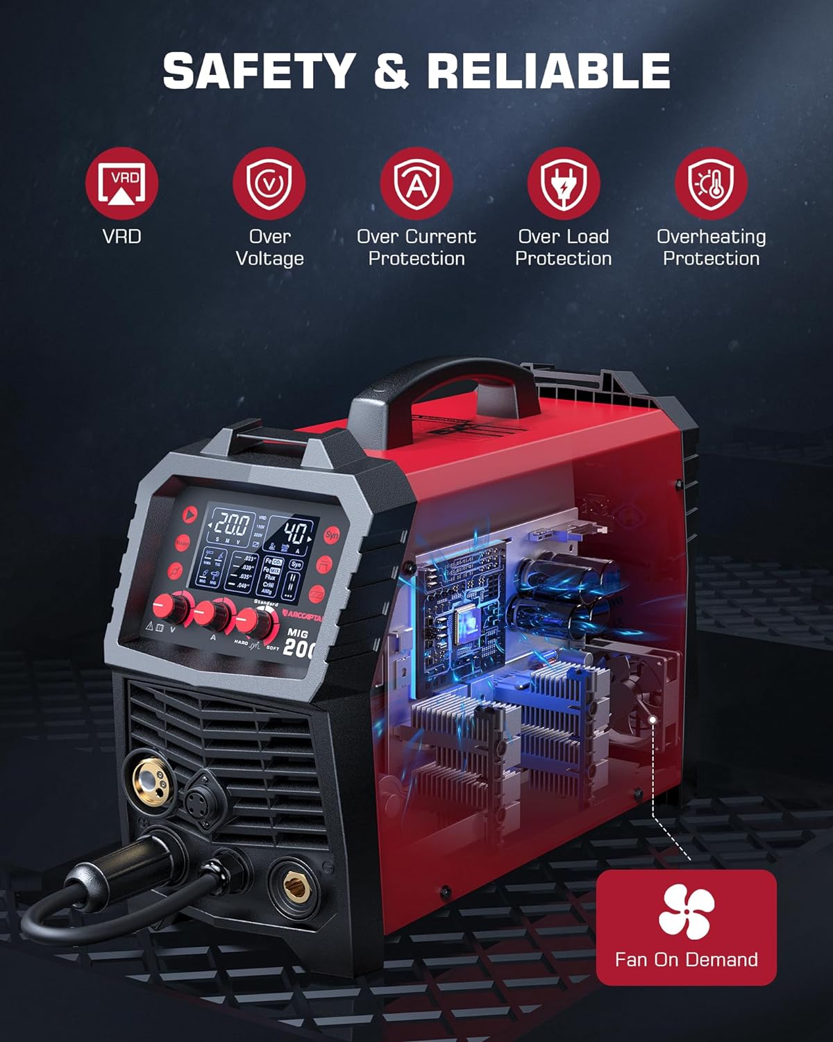 ARCCAPTAIN MIG Soldador, 200 amperios 6 en 1 gas MIG/núcleo de flujo sin gas MIG/Stick/Lift TIG/soldadura por punto/pistola de carrete 110 V/220 V de aluminio multiproceso máquina de soldadura con