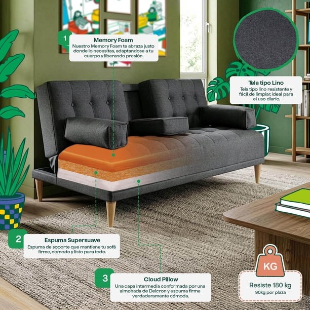 Sofá Cama Makora Queen con Memory Foam Color Oxford Lino Respaldo Reclinable de 3 Posiciones