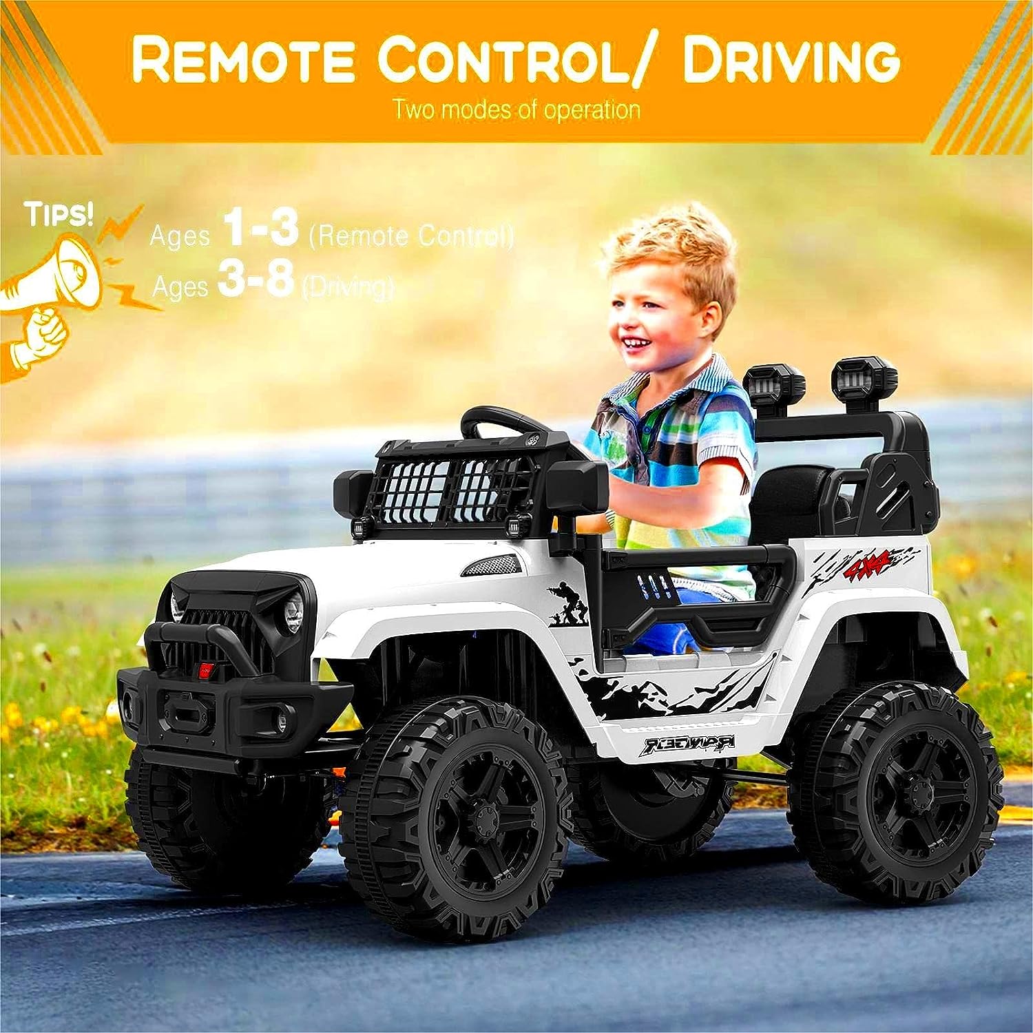Hetoy Ride on Truck Car 12V Kids Electric Vehicles with Remote Control Spring Suspension, LED Lights, Bluetooth, 2 Speeds