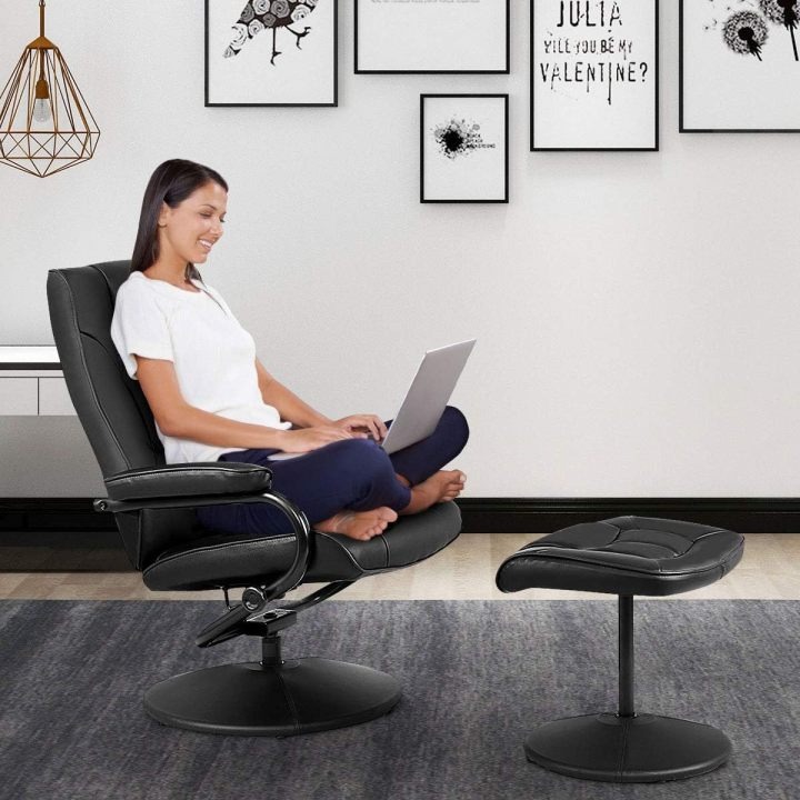 WATERJOY - Sillón reclinable Giratorio de Piel sintética, sillón reclinable de 360 Grados Giratorio, Acolchado con reposapiés, Taburete otomano para Oficina, Sala de Estar, Color Negro