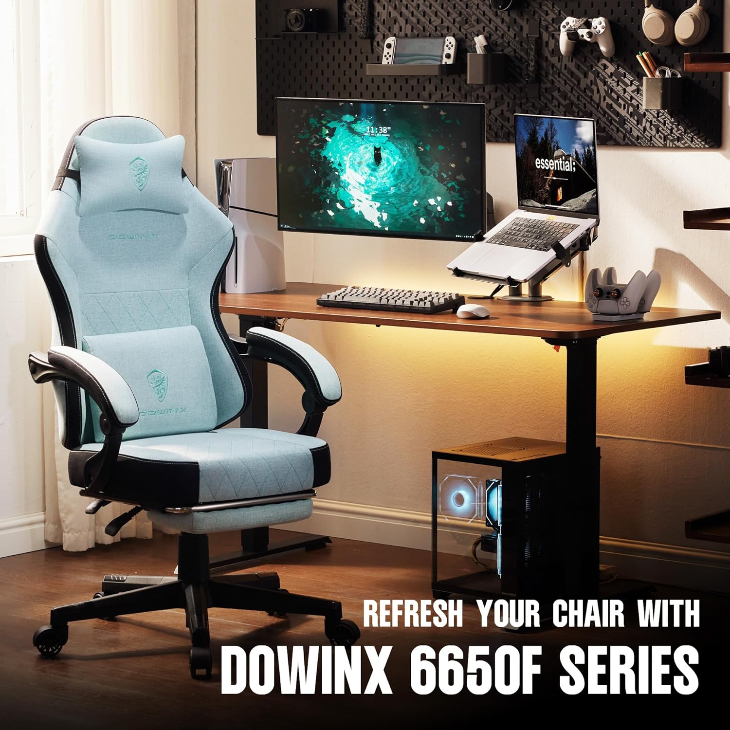 Dowinx - Silla de juego de tela con cojín de resorte de bolsillo, silla ergonómica de computadora con respaldo alto con reposapiés para adultos, soporte lumbar de masaje, silla de juego giratoria para