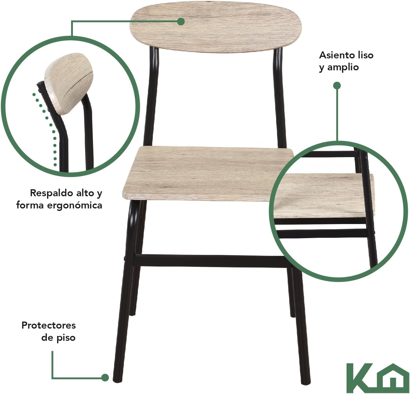 Kingshouse | Comedor 4 Sillas con Mesa – Madera MDF Estructura Metálica - Negro – Moderno Minimalista - para 4 Personas