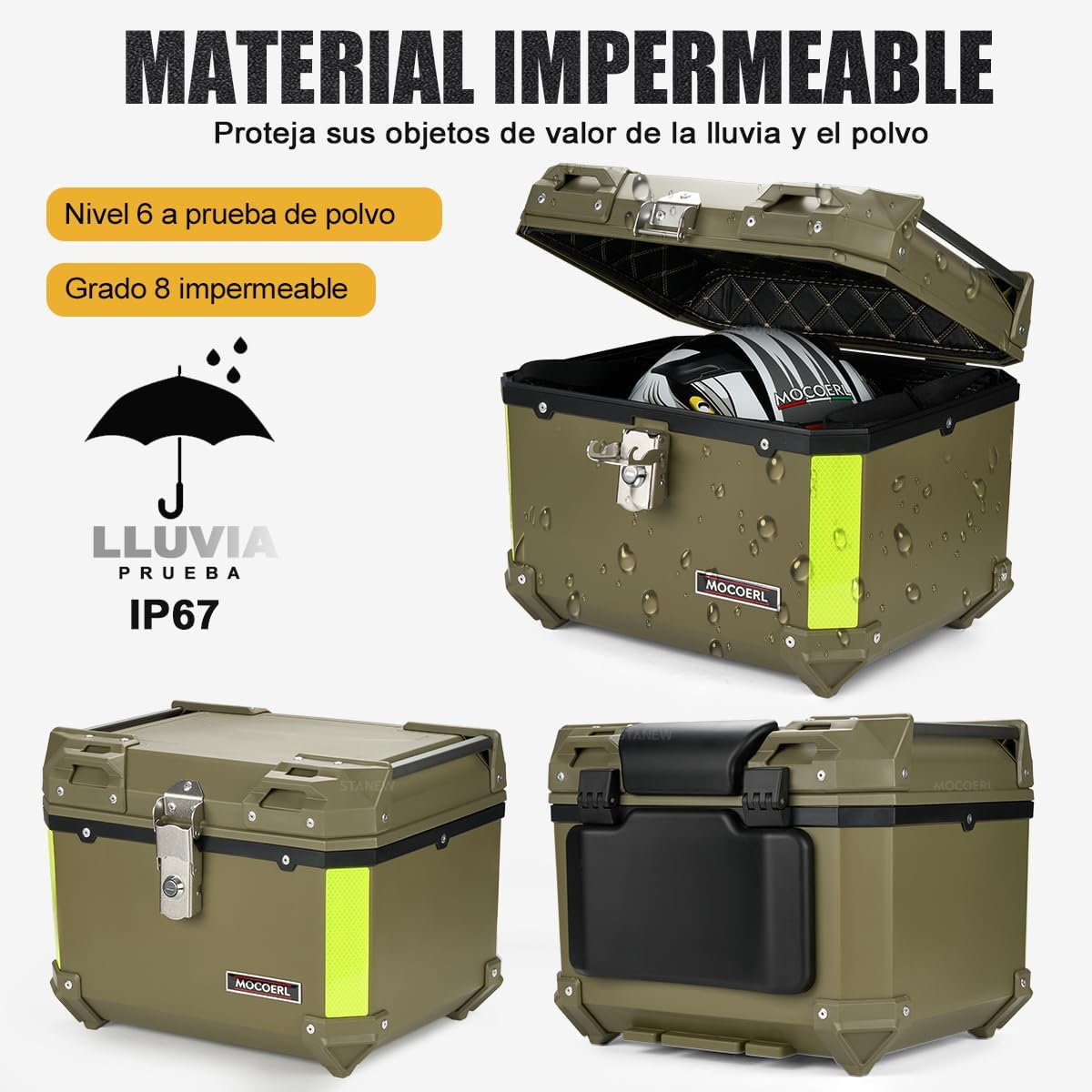 MOCOERL-Impermeable Baul Trasero Caja Moto Abs Respaldo Acojinado 45l Puede contener 1 casco Con cierre de seguridad de acero inoxidable Verde militar (E-570-G)