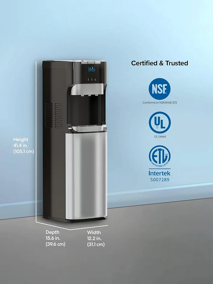 Brio - Dispensador de agua para enfriador de agua de carga inferior, serie esencial, 3 ajustes de temperatura, agua caliente, fría y fría, aprobado por UL/Energy Star