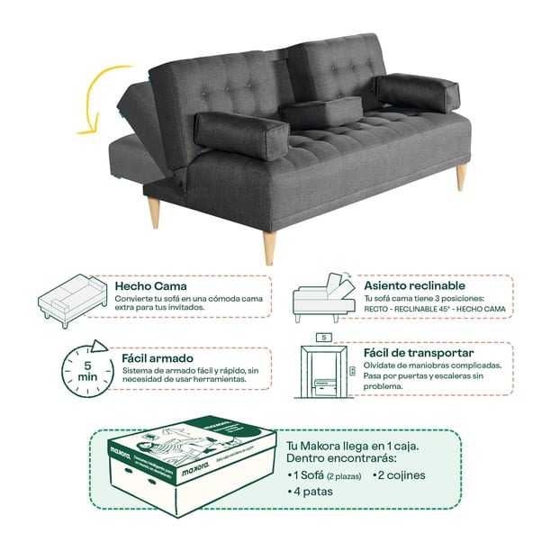 Sofá Cama Makora Queen con Memory Foam Color Oxford Lino Respaldo Reclinable de 3 Posiciones