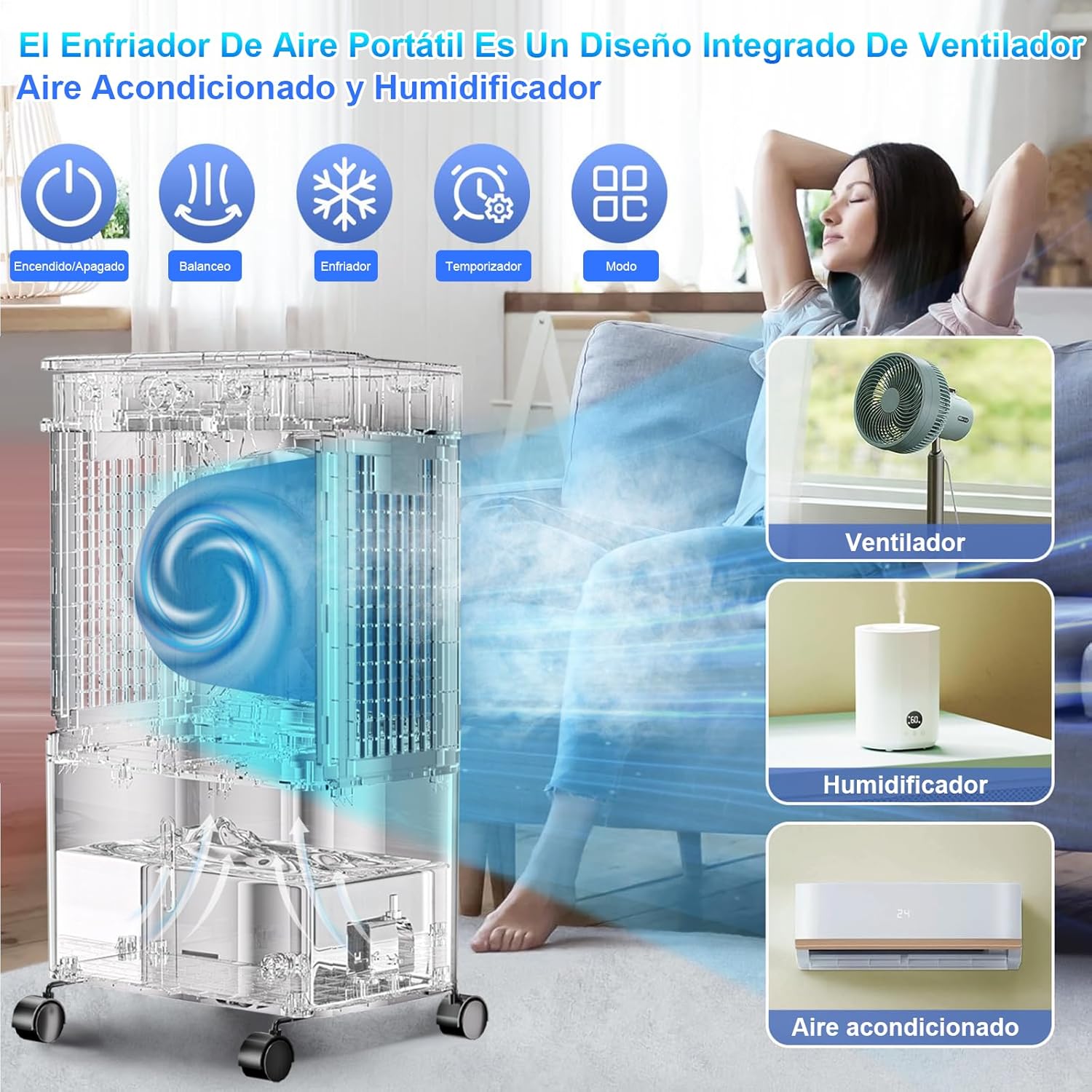 Enfriador de Aire 3 en 1 Portátil, 70W, 3 Velocidades, Control Remoto, 14L, Diseño de Doble Ventilación y Salidas en Espiral, Potente y Eficiente, Ideal para Uso Interior y Exterior