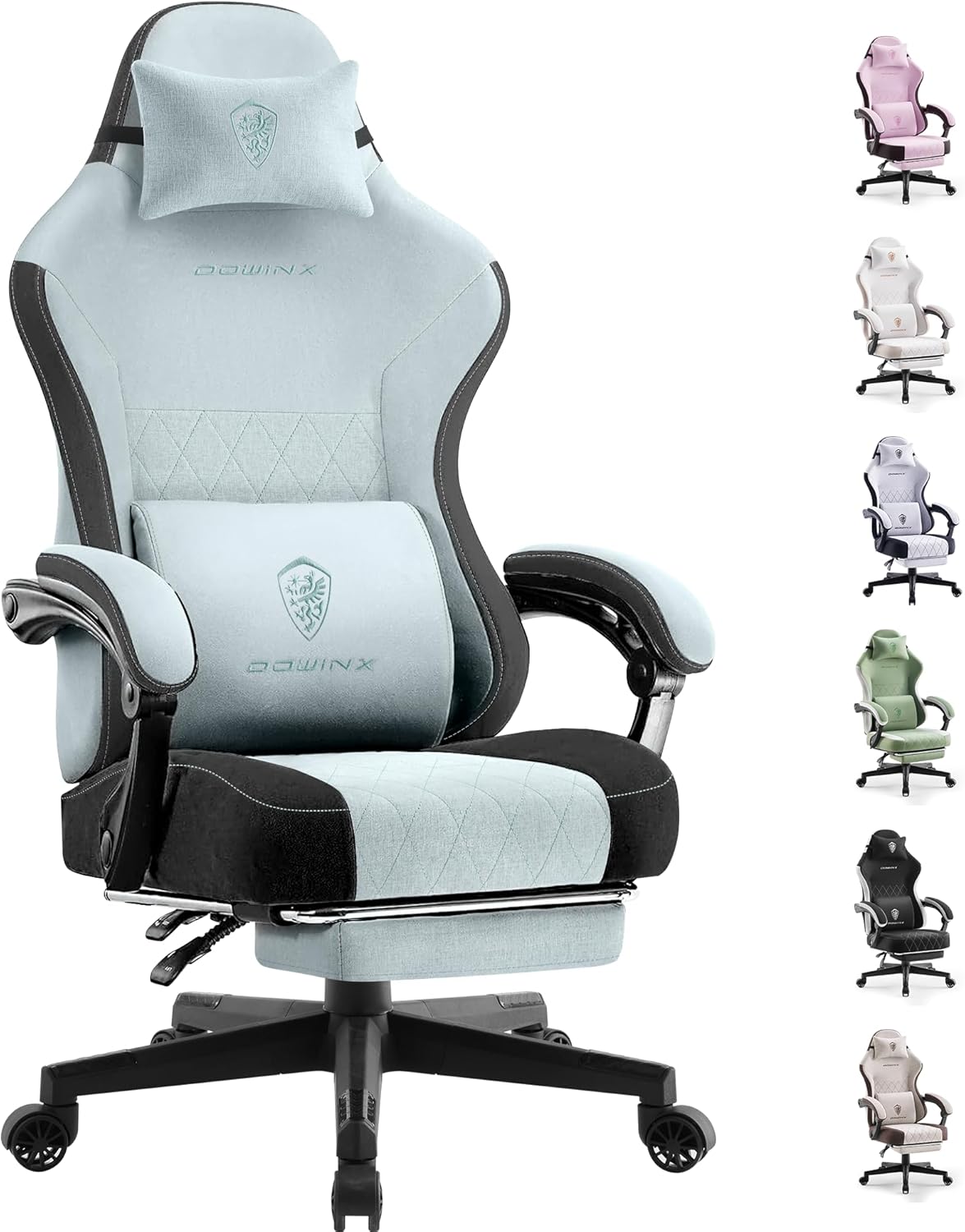 Dowinx - Silla de juego de tela con cojín de resorte de bolsillo, silla ergonómica de computadora con respaldo alto con reposapiés para adultos, soporte lumbar de masaje, silla de juego giratoria para