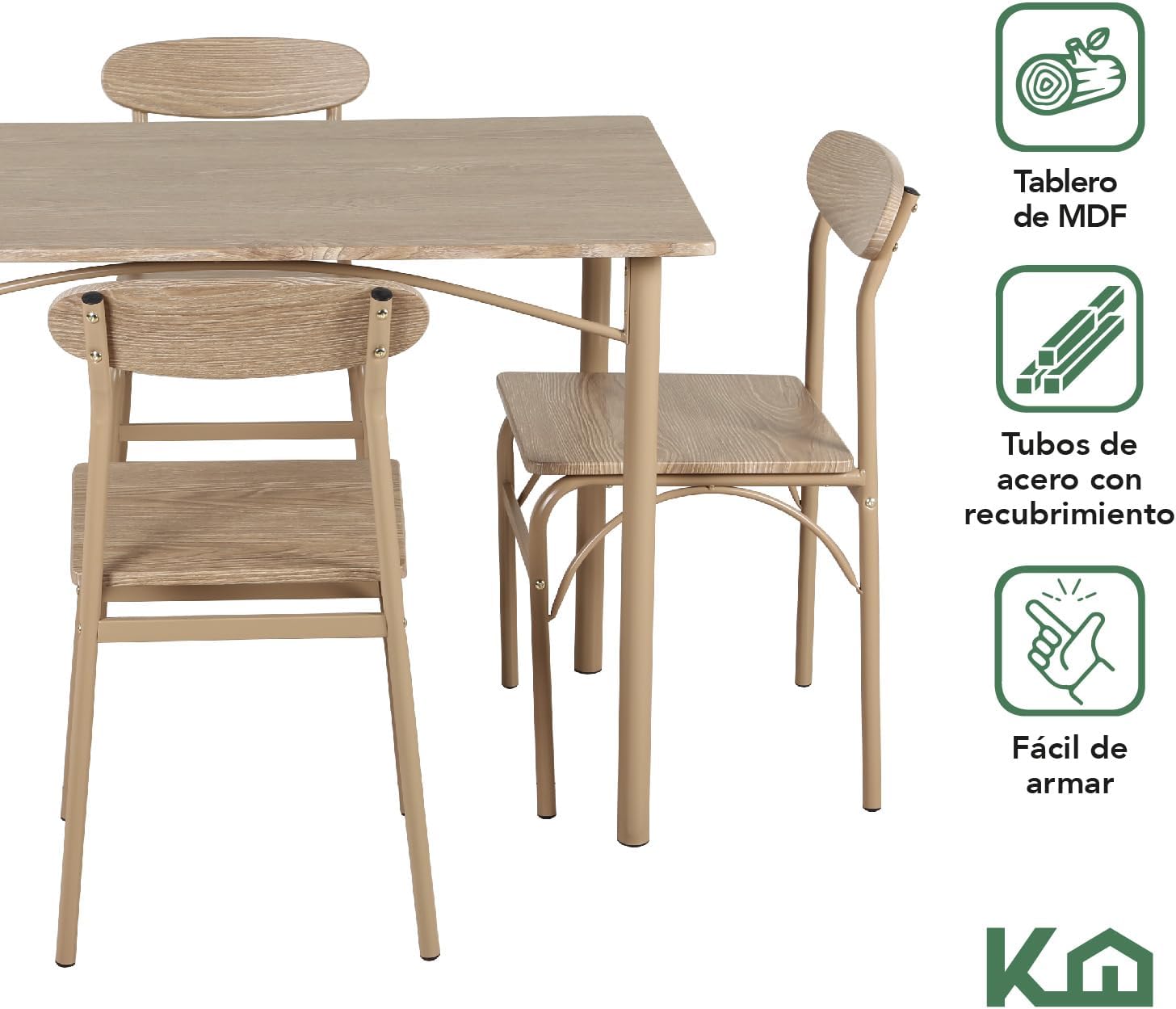 Kingshouse | Comedor 4 Sillas con Mesa – Madera MDF Estructura Metálica - Negro – Moderno Minimalista - para 4 Personas