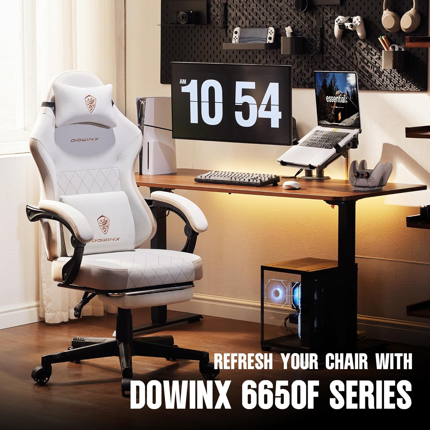 Dowinx - Silla de juego de tela con cojín de resorte de bolsillo, silla ergonómica de computadora con respaldo alto con reposapiés para adultos, soporte lumbar de masaje, silla de juego giratoria para