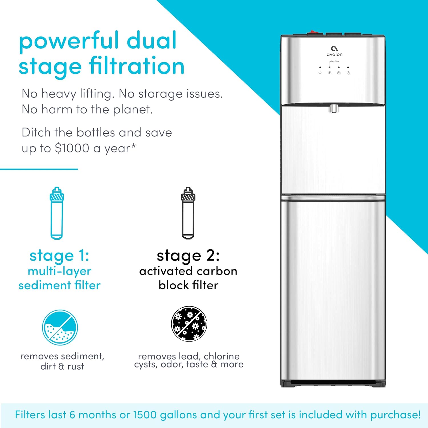 Avalon - Dispensador de Enfriador de Agua de Carga Inferior A3F con ajustes de Temperatura BioGuard-3, filtrado por UL