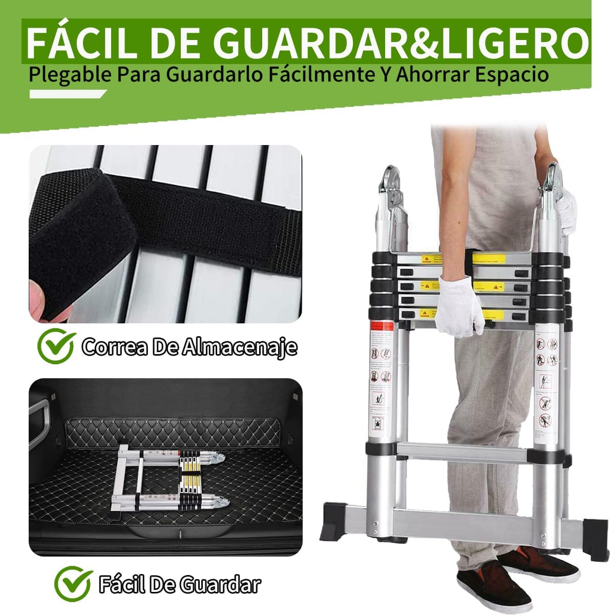 Bowoshen Escalera Telescópica de 5 Metros con Ganchos Escalera Recta de Aluminio Soporta 150 kg Plegable De Retracción Multiusos Extensible Compacta y Portátil Bloqueo De Escalón
