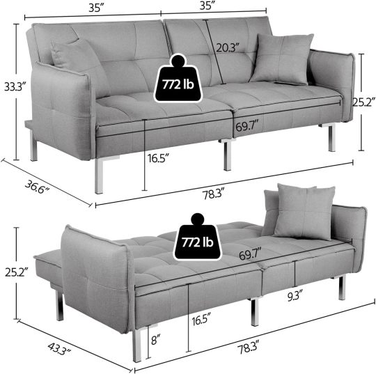 Yaheetech Sofá cama convertible moderno futón sofás, cama plegable y abajo, tela de lino reclinable para sala de estar, color gris-almohada