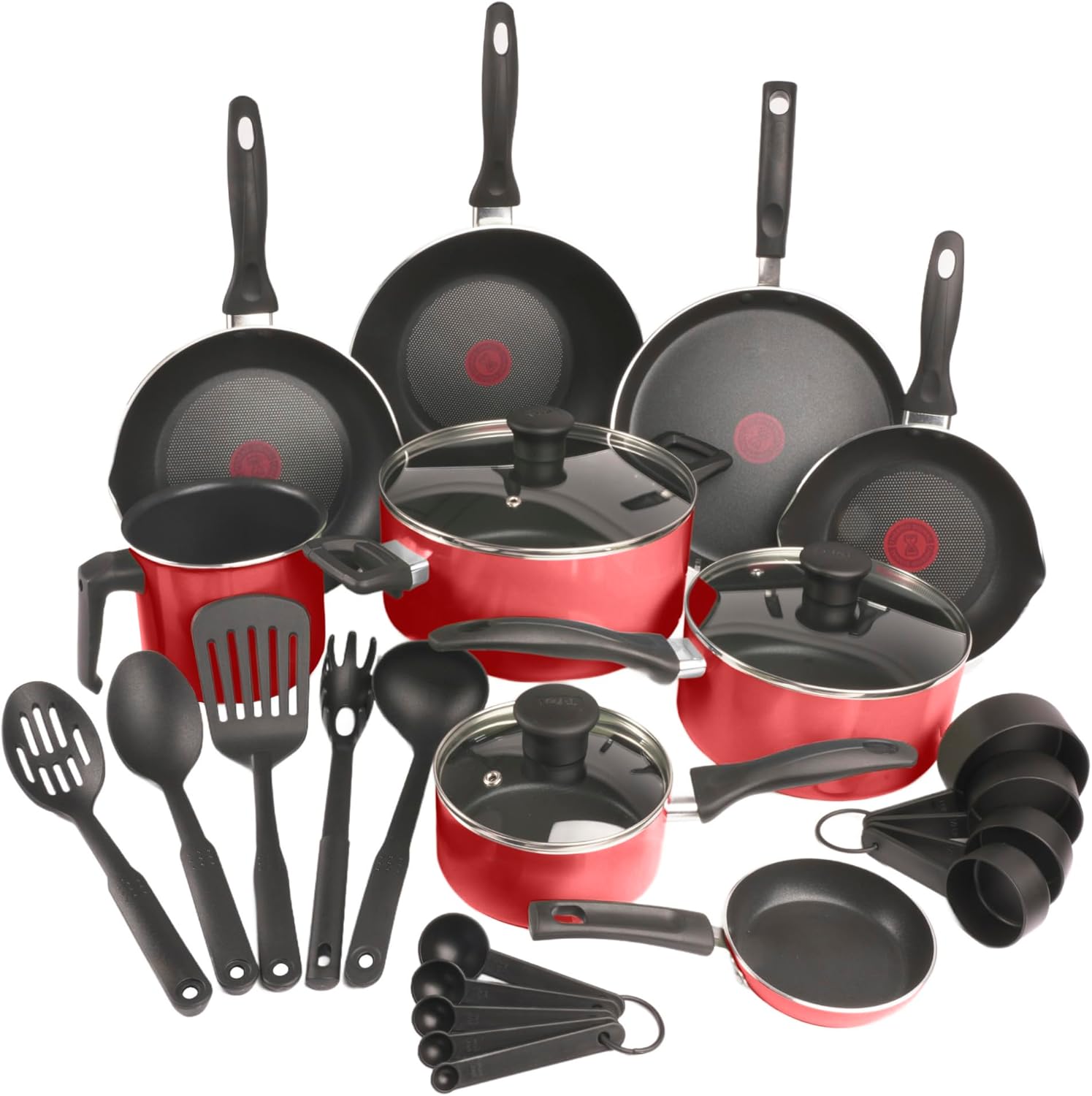 T-fal Batería de Cocina Supercook de 26 piezas Color Rojo con Antiadherente Titanium, tecnología Thermo Señal, de fácil limpieza y base difusora para crear deliciosas recetas, B929SZ84