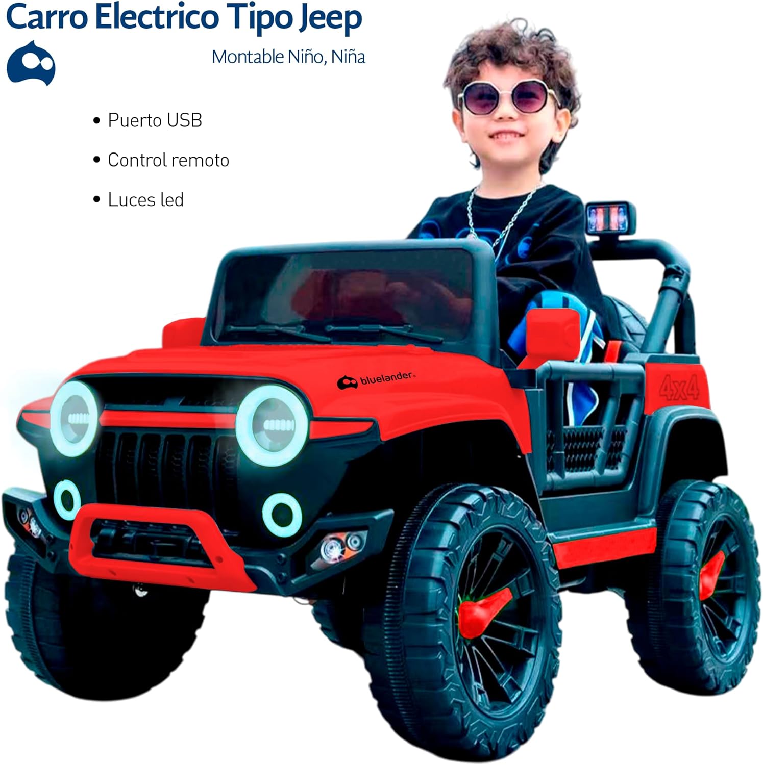 Bluelander Carro Electrico Tipo Jeep Montable Niño Niña, 69*61*105 Cm, Carro Electrico 5 KM/H, Carrito Montable Electrico Musical, Luz Led, Control Remoto, Puerto USB, MIC, Bateria Recargable (Rojo)