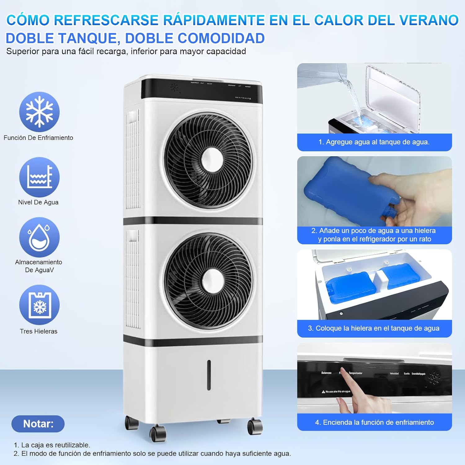 Enfriador de Aire 3 en 1 Portátil, 70W, 3 Velocidades, Control Remoto, 14L, Diseño de Doble Ventilación y Salidas en Espiral, Potente y Eficiente, Ideal para Uso Interior y Exterior