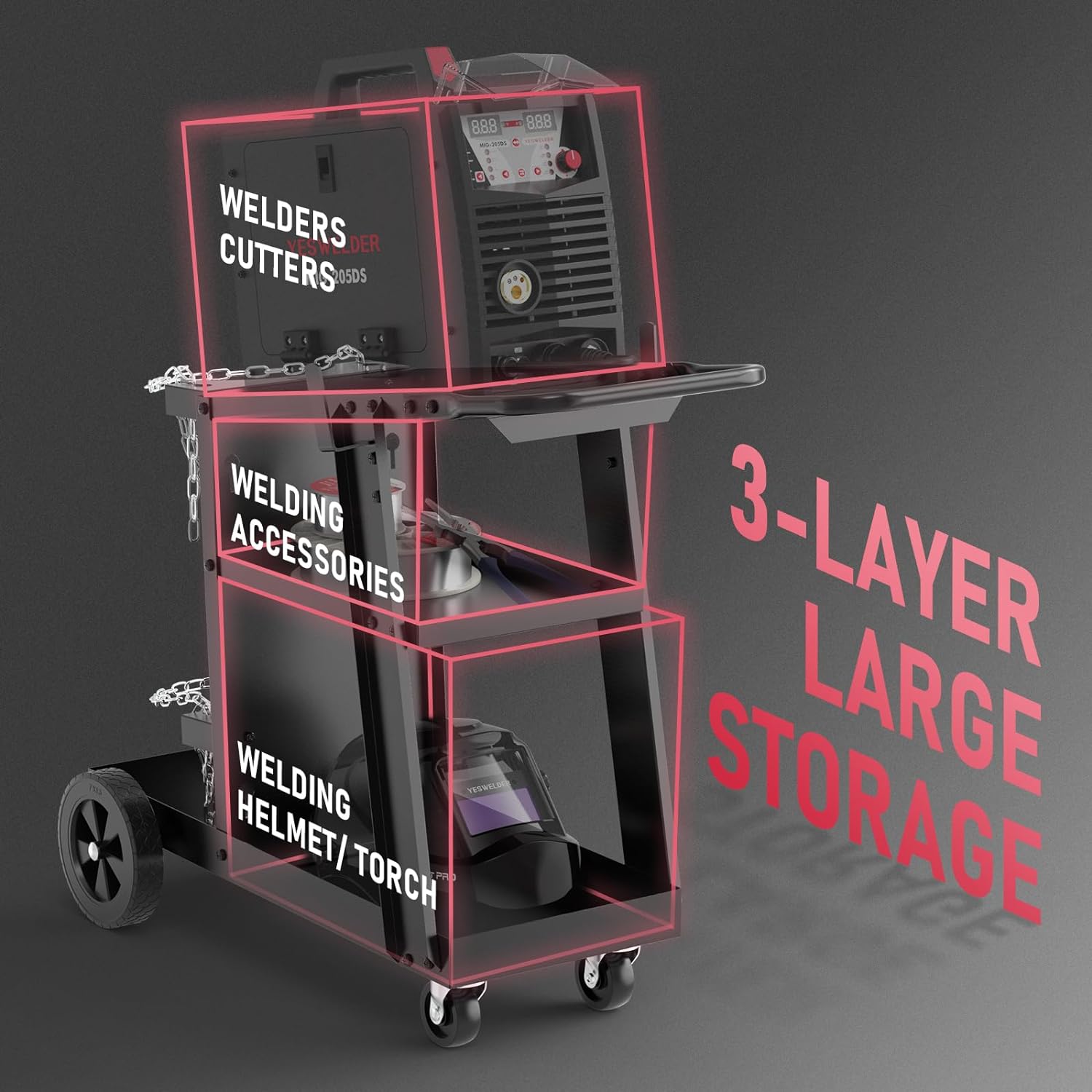 YESWELDER Carro de soldadura con 4 cajones para soldador MIG TIG y cortador de plasma, resistente y de gran capacidad de almacenamiento 360°