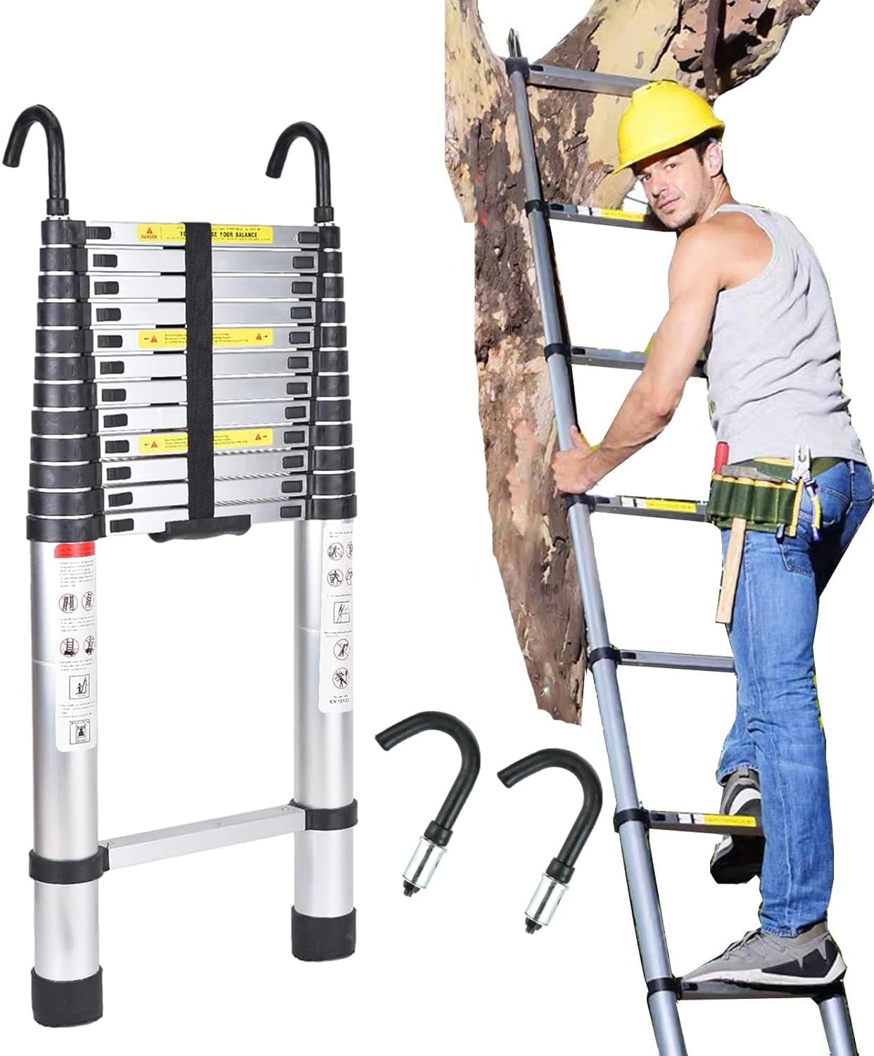 Bowoshen Escalera Telescópica de 5 Metros con Ganchos Escalera Recta de Aluminio Soporta 150 kg Plegable De Retracción Multiusos Extensible Compacta y Portátil Bloqueo De Escalón