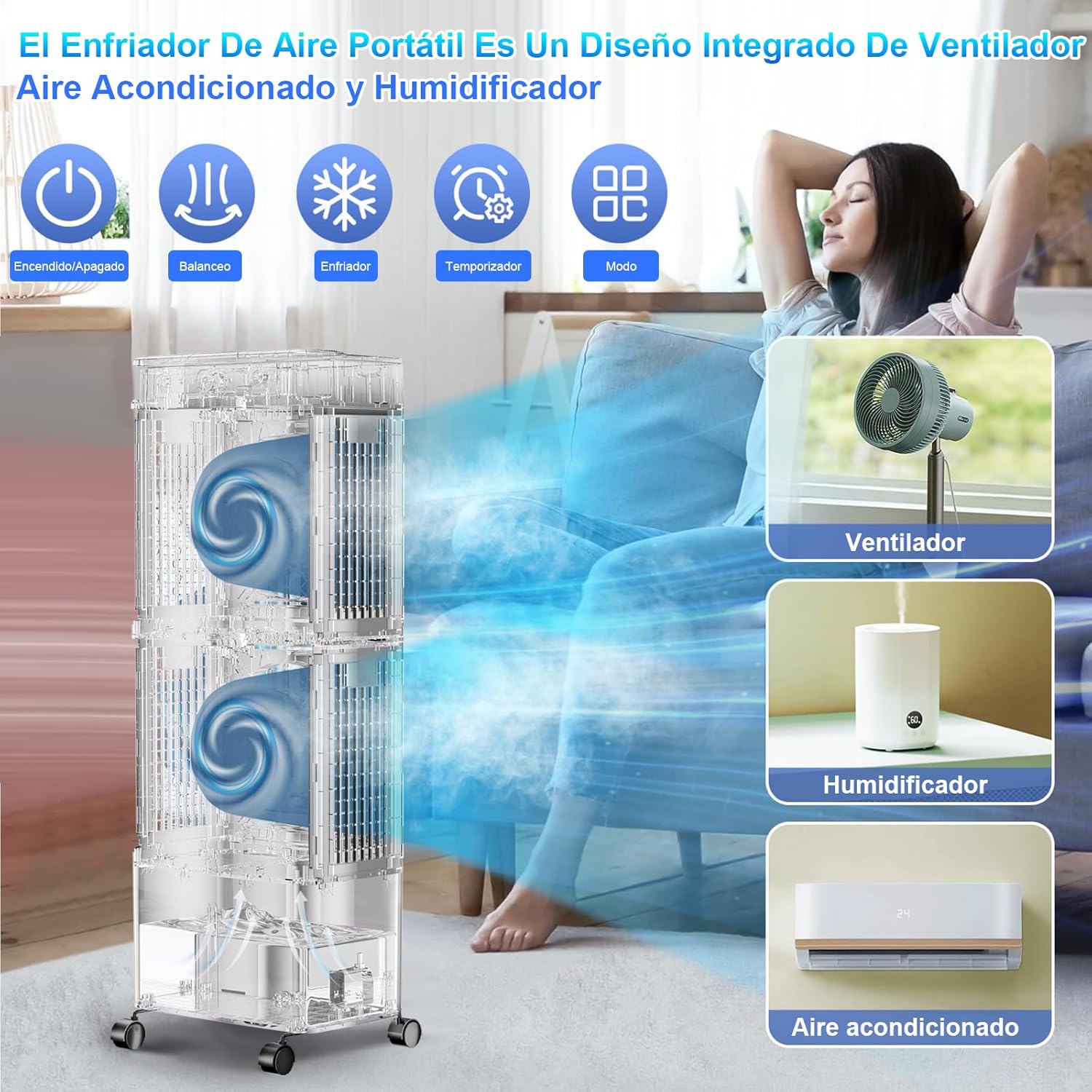 Enfriador de Aire 3 en 1 Portátil, 70W, 3 Velocidades, Control Remoto, 14L, Diseño de Doble Ventilación y Salidas en Espiral, Potente y Eficiente, Ideal para Uso Interior y Exterior