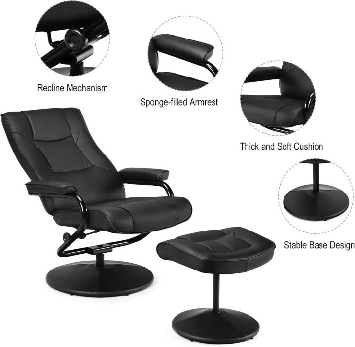 WATERJOY - Sillón reclinable Giratorio de Piel sintética, sillón reclinable de 360 Grados Giratorio, Acolchado con reposapiés, Taburete otomano para Oficina, Sala de Estar, Color Negro
