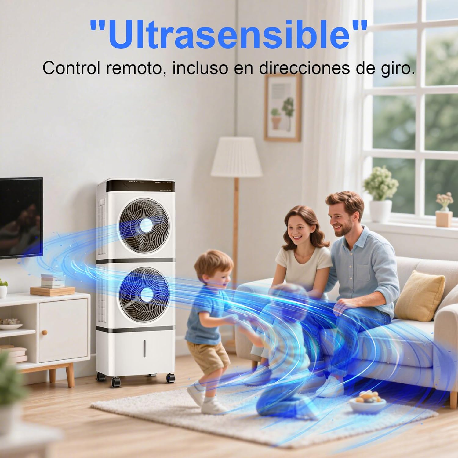 Enfriador de Aire 3 en 1 Portátil, 70W, 3 Velocidades, Control Remoto, 14L, Diseño de Doble Ventilación y Salidas en Espiral, Potente y Eficiente, Ideal para Uso Interior y Exterior
