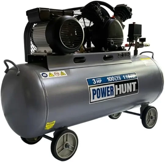 Compresor De Aire Eléctrico Portátil 100lts Power Hunt 3hp con banda y doble conexión rapida, presion de 8 bar/ 115 psi.