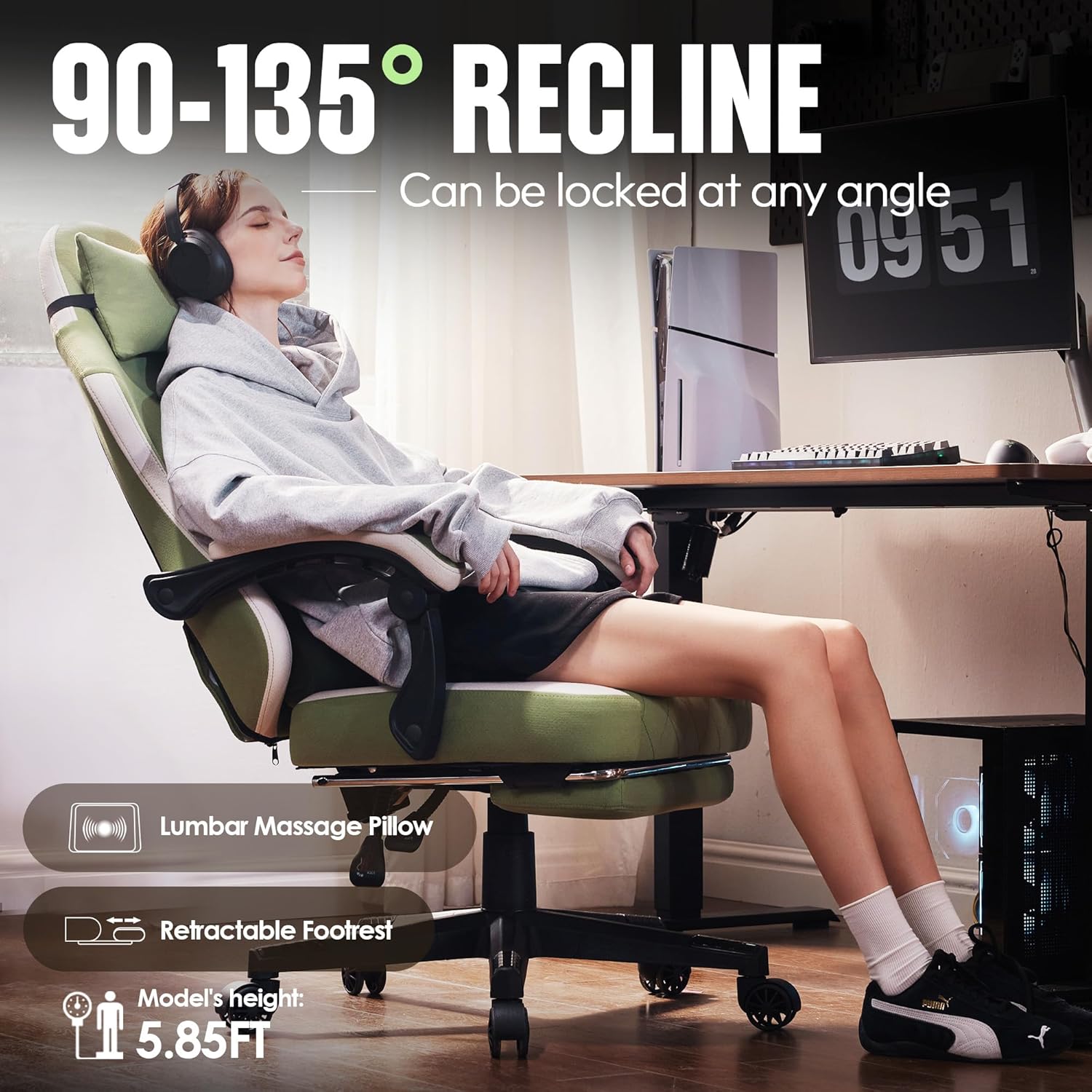 Dowinx - Silla de juego de tela con cojín de resorte de bolsillo, silla ergonómica de computadora con respaldo alto con reposapiés para adultos, soporte lumbar de masaje, silla de juego giratoria para
