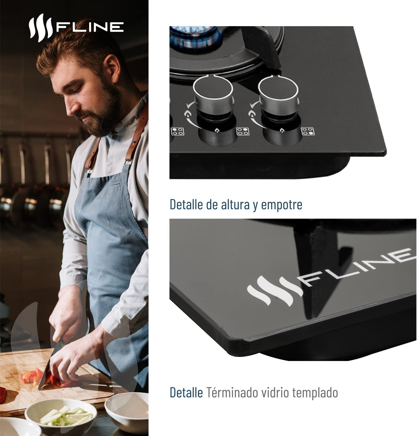 FLINE Parrilla de Gas Empotrable 4 Quemadores | Vidrio Templado | Estufa Eléctrica Empotrable | Parrilla Inducción | Estufas de Gas de Mesa | Quemadores, 4 Parrillas