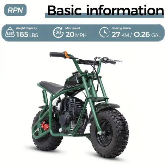 50CC 2-Tiempos Mini Dirt Bike, Motocicleta todoterreno a gasolina, Hasta 20 MPH, Cuenta con frenos de disco, asiento acolchado suave, paseos suaves y aprobación de la EPA, Soporta hasta 165 libras.