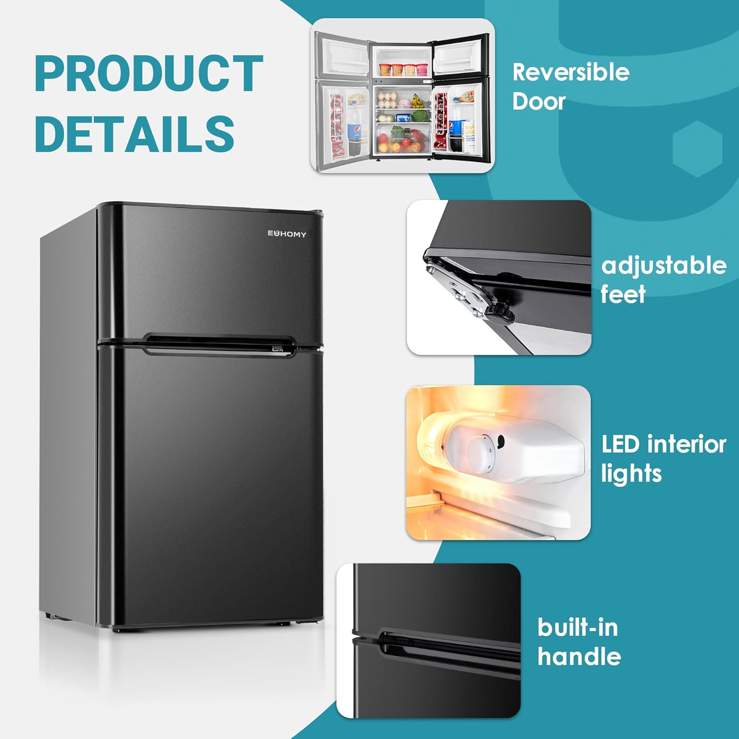 EUHOMY Mini refrigerador con congelador, refrigerador compacto de 3.2 pies cúbicos con congelador, mini refrigerador de 2 puertas con congelador, vertical para recámara, oficina, departamento,