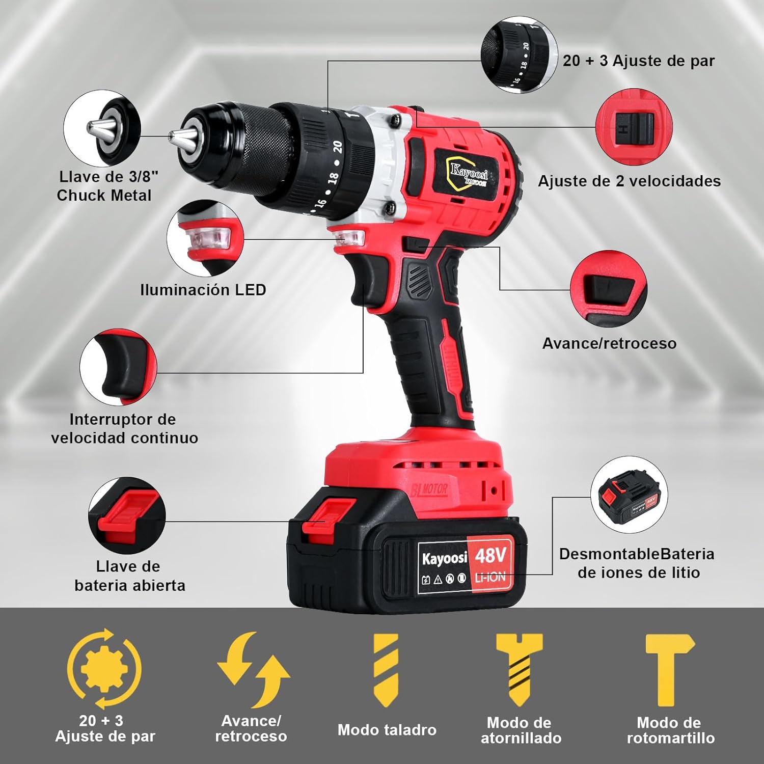 Kayoosi Taladro Electrico Inalámbrico y Juego de Llave de Impacto, con 2 Baterías Recargables de Iones de Litio y Cargador, con 33 Accesorios, Incluidas Tomas de Corriente, con Kit de Montaje.