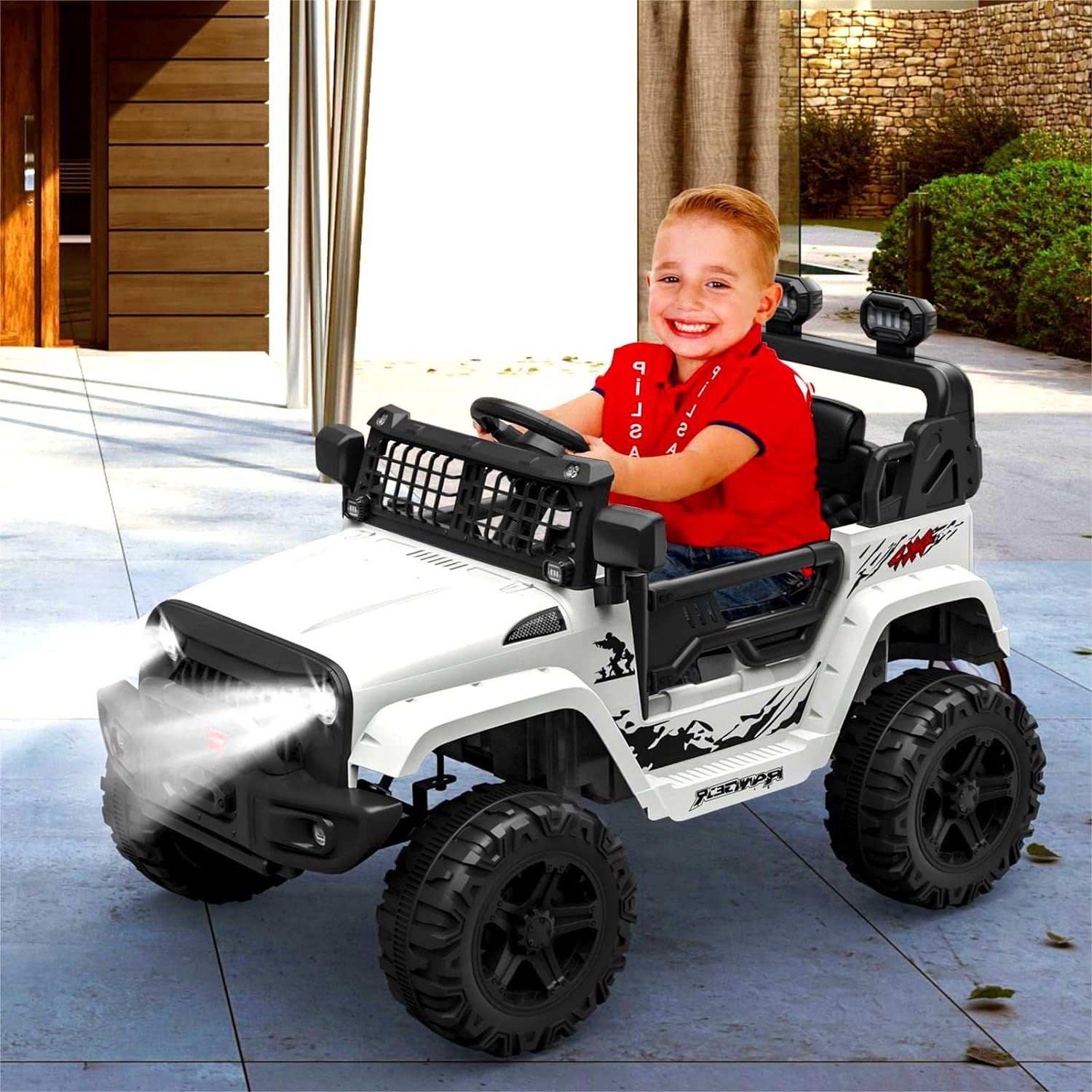 Hetoy Ride on Truck Car 12V Kids Electric Vehicles with Remote Control Spring Suspension, LED Lights, Bluetooth, 2 Speeds