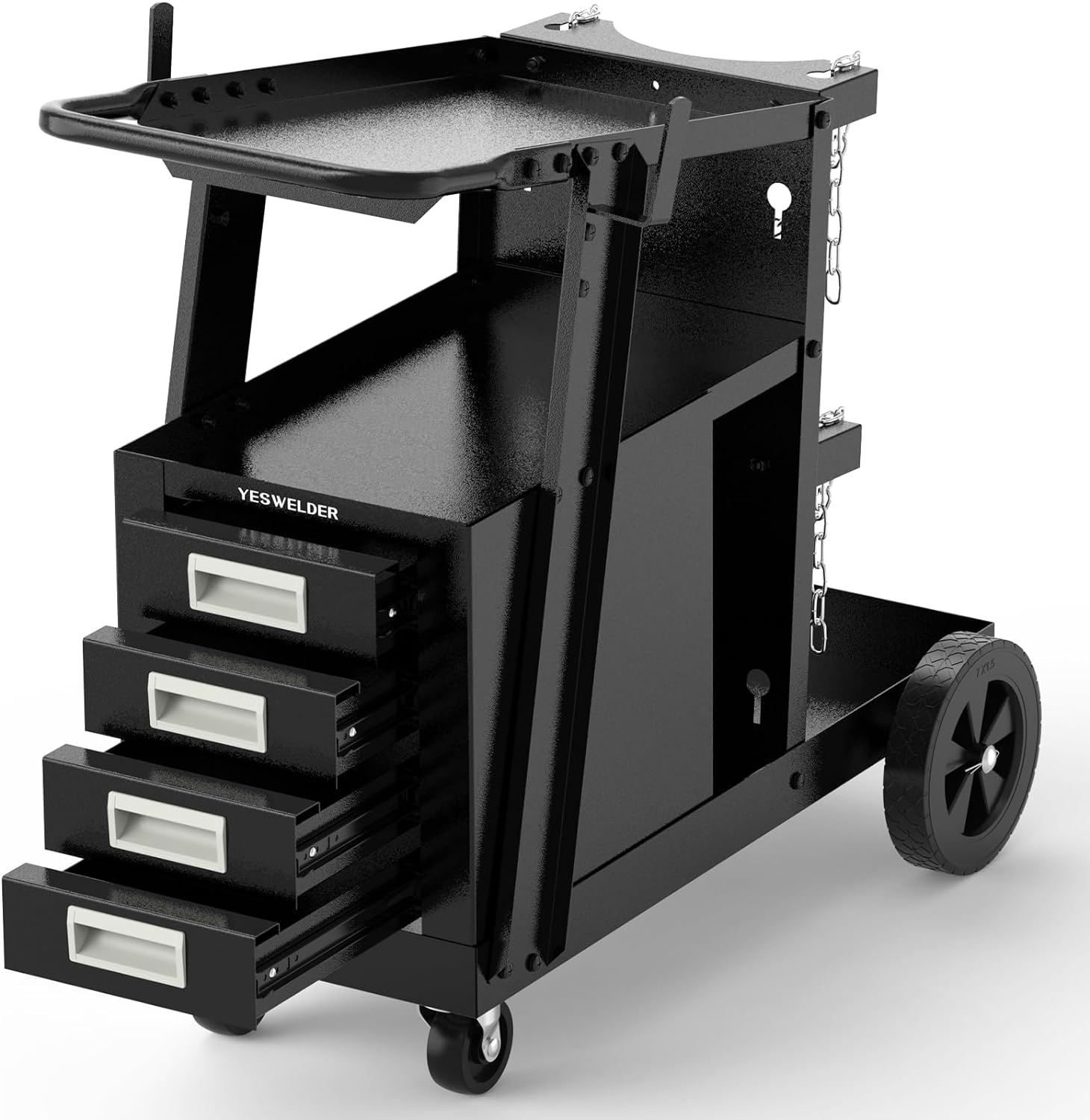 YESWELDER Carro de soldadura con 4 cajones para soldador MIG TIG y cortador de plasma, resistente y de gran capacidad de almacenamiento 360°
