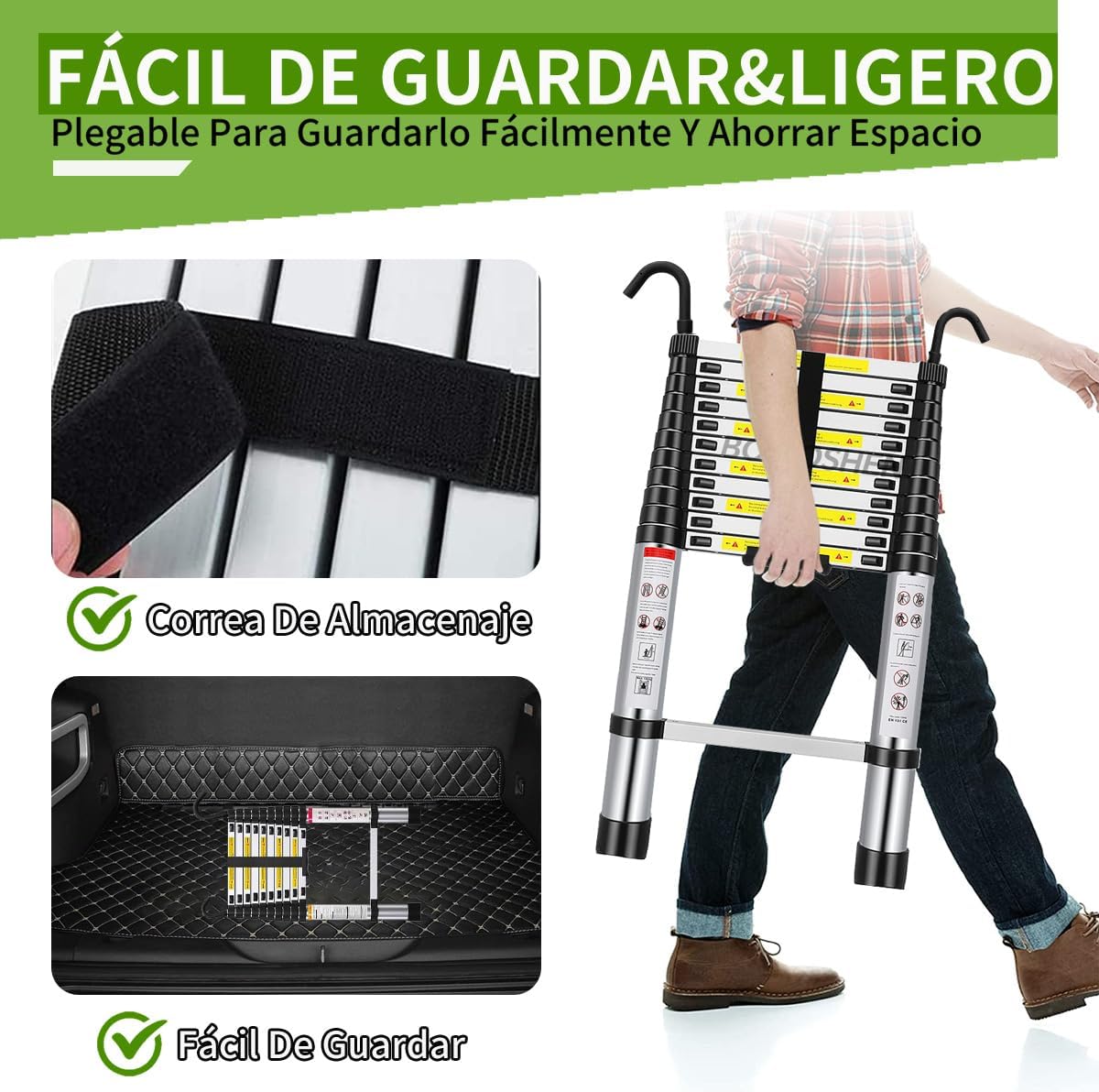 Bowoshen Escalera Telescópica de 5 Metros con Ganchos Escalera Recta de Aluminio Soporta 150 kg Plegable De Retracción Multiusos Extensible Compacta y Portátil Bloqueo De Escalón